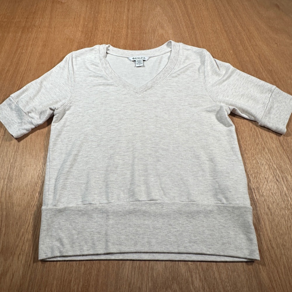 Athleta V-Neck Short Sleeve Top Womens Size Medium Oatmeal Heather French Terry